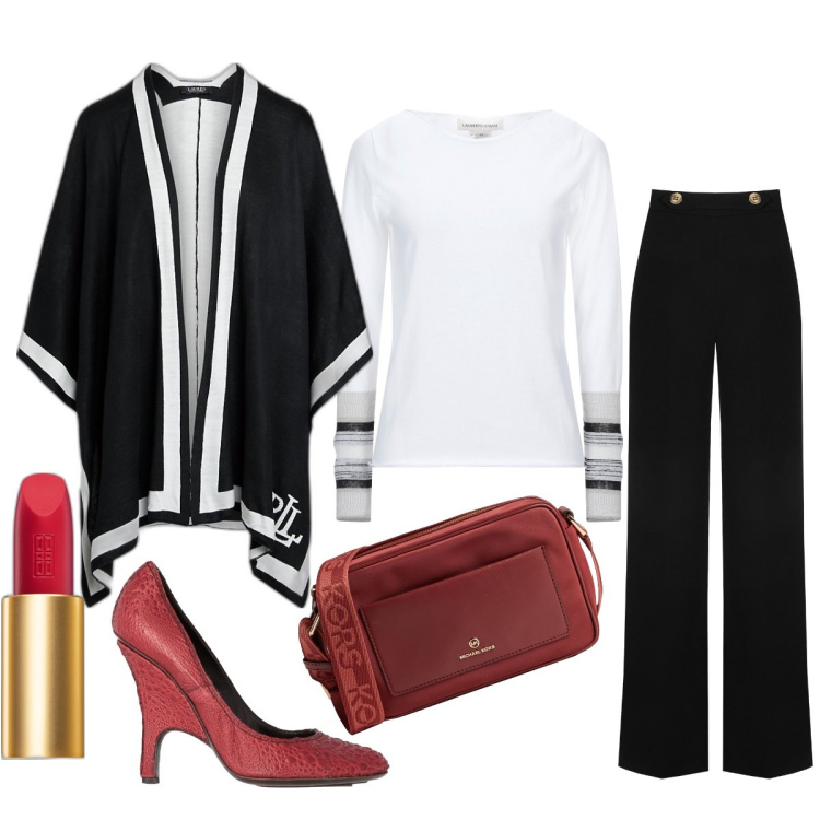 Outfit donna - Una serata che attendevo da molto. Stile Chic per Serata fuori. Abbinamento con borse a tracolla, décolleté, pullovers, rossetti, pantaloni a palazzo, cappe.