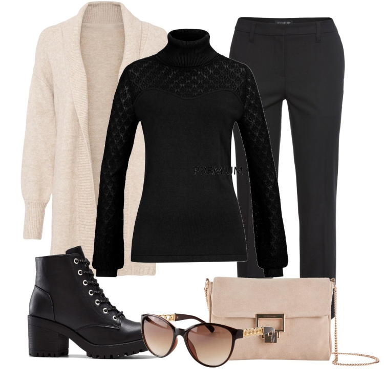 Outfit donna - Portami in ufficio. Stile Casual per Ufficio. Abbinamento con pantaloni, stivaletti, maglieria, cardigans, pochette, occhiali da sole.