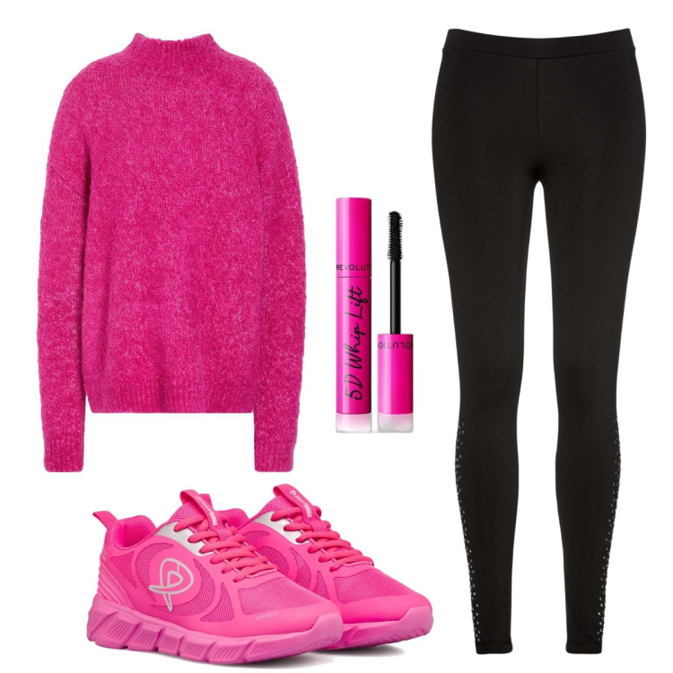 Outfit donna - Let’s Pink Togheter €€. Stile Sporty chic per Tutti i giorni. Abbinamento con leggings, maglieria, mascara, scarpe sportive.