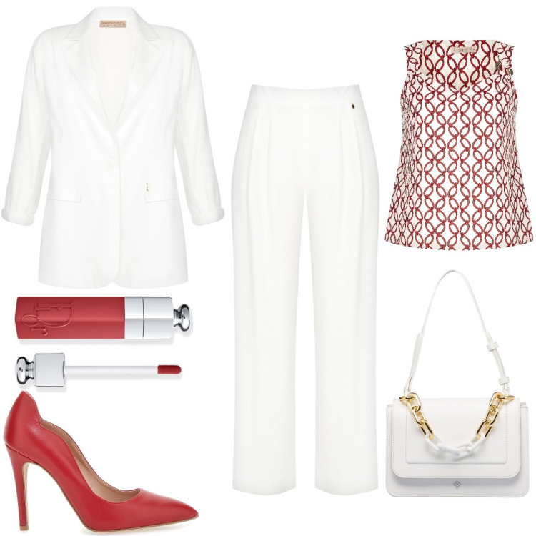 Outfit donna - Completo Bianco e Tacchi Rossi. Stile Chic per Serata fuori. Abbinamento con rossetti, pantaloni a palazzo, top, giacche, borse a mano, décolleté.