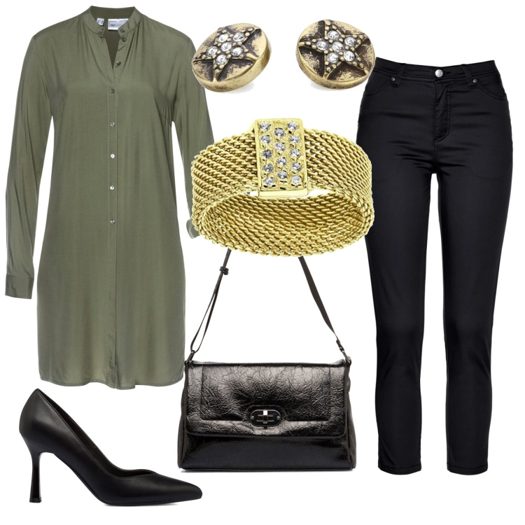 Outfit donna - Camicia lunga. Stile Casual per Serata fuori. Abbinamento con pantaloni, camicie, borse a tracolla, décolleté, braccialetti, anelli.