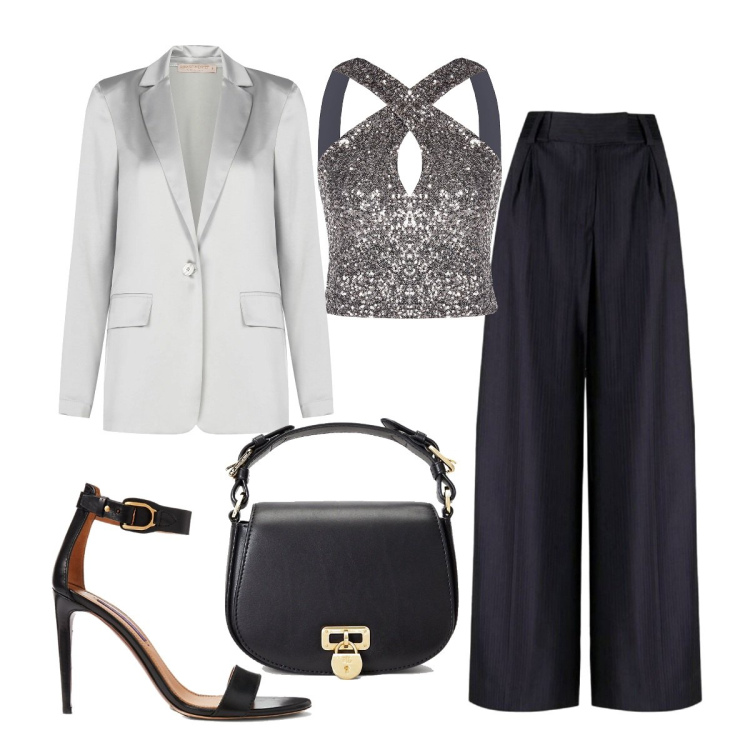 Outfit donna - Domani sera. Stile Chic per Serata fuori. Abbinamento con pantaloni, top, blazer, borse a tracolla, sandali in pelle.