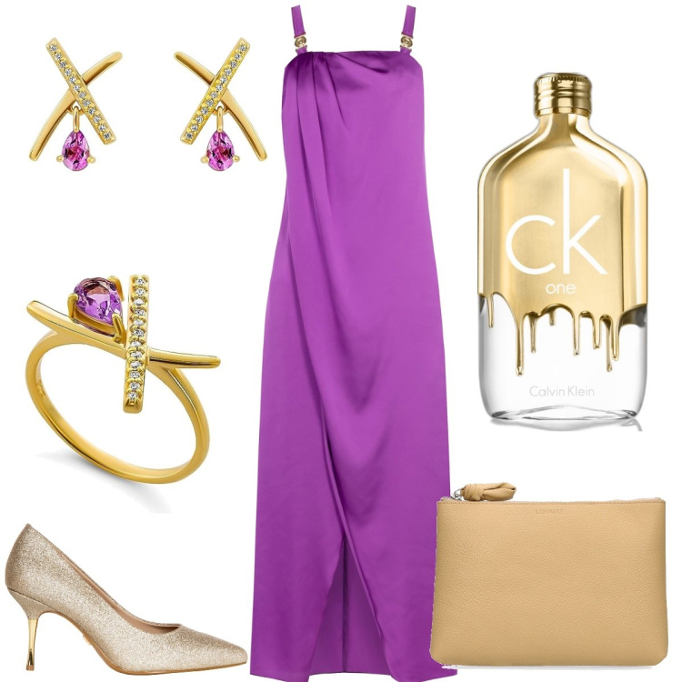 Outfit donna - Cerimonia. Stile Glamour per Cerimonia. Abbinamento con profumi, vestiti lunghi, décolleté, orecchini, anelli, pochette.