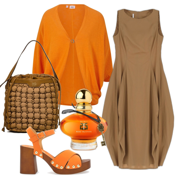 Outfit donna - Forme e colori delle zucche. Stile Casual per Tutti i giorni. Abbinamento con cardigans, profumi, vestiti midi/longuette, borse a secchiello, zoccoli.