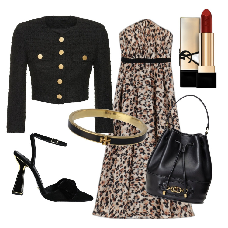 Outfit donna - Un po\' di animalier. Stile Chic per Serata fuori. Abbinamento con rossetti, décolleté, vestiti midi/longuette, borse a secchiello, braccialetti, giacche.