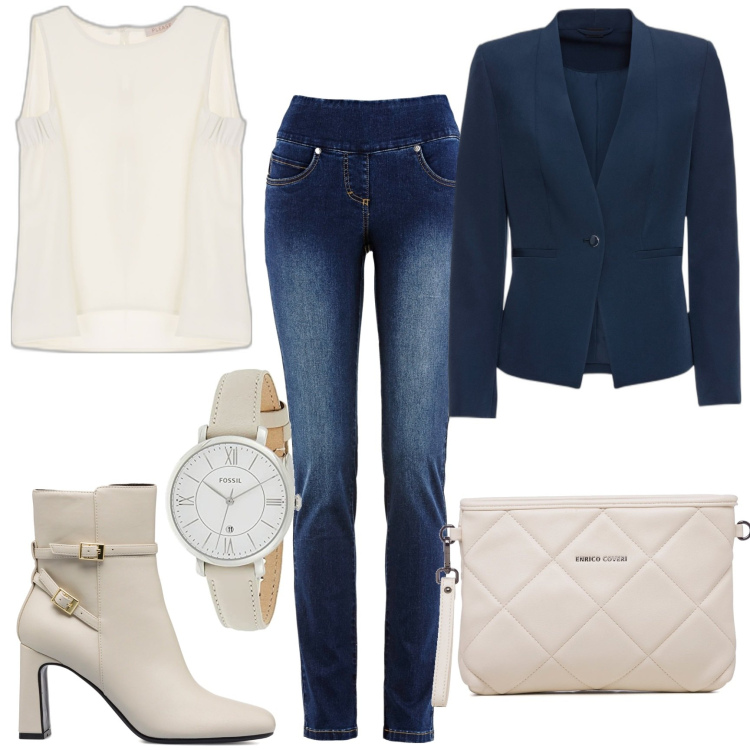 Outfit donna - L\'orologio che vorrei. Stile Casual chic per Tutti i giorni. Abbinamento con blazer, jeans slim fit, canottiere, stivaletti, borse a tracolla, orologi.