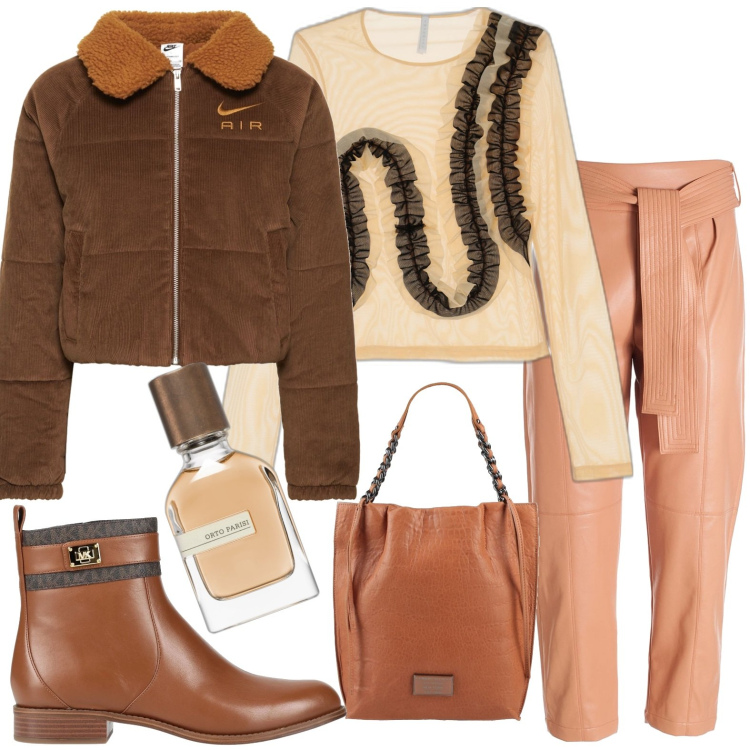 Outfit donna - Al lavoro. Stile Casual chic per Ufficio. Abbinamento con stivaletti, borse a mano, profumi, pantaloni, maglieria, piumini.