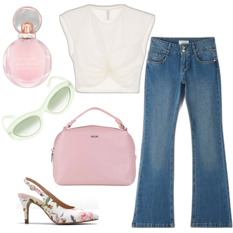 Outfit donna - Jeans e rosa. Stile Casual chic per Tutti i giorni. Abbinamento con décolleté, borse a mano, profumi, jeans a zampa, canottiere, occhiali da sole.