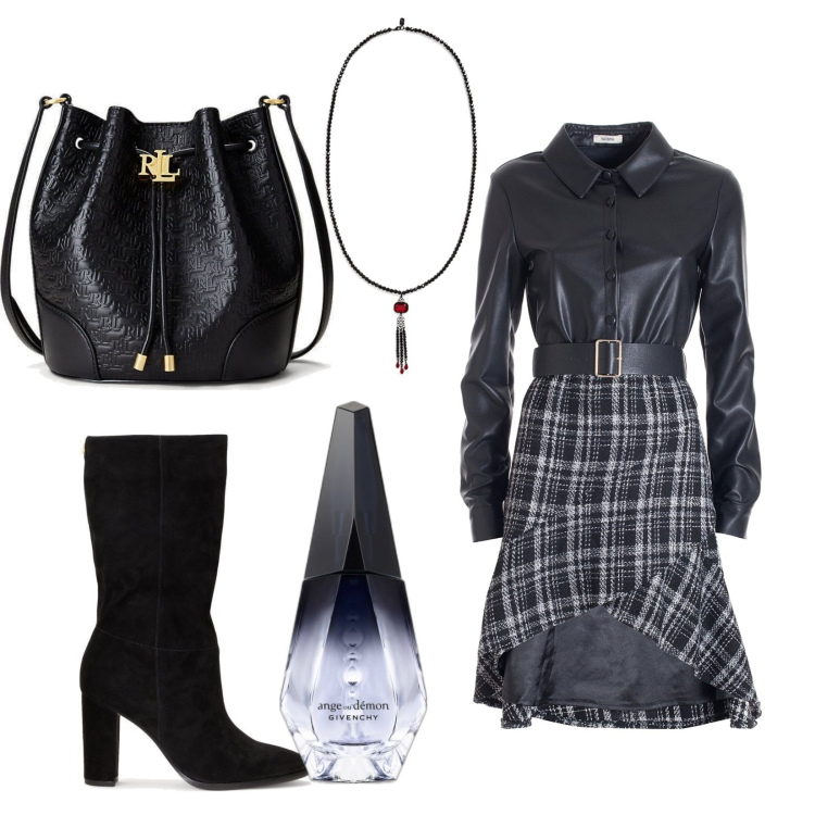 Outfit donna - Total look #1718004. Stile Glamour per Tutti i giorni. Abbinamento con profumi, vestiti asimmetrici, ciondoli, borse a secchiello, stivali sopra il ginocchio.