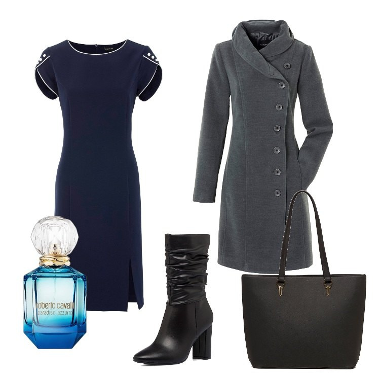 Outfit donna - Total look #1718026. Stile Urban per Ufficio. Abbinamento con cappotti, vestiti a tubino, profumi, stivali sopra il ginocchio, borse a spalla.