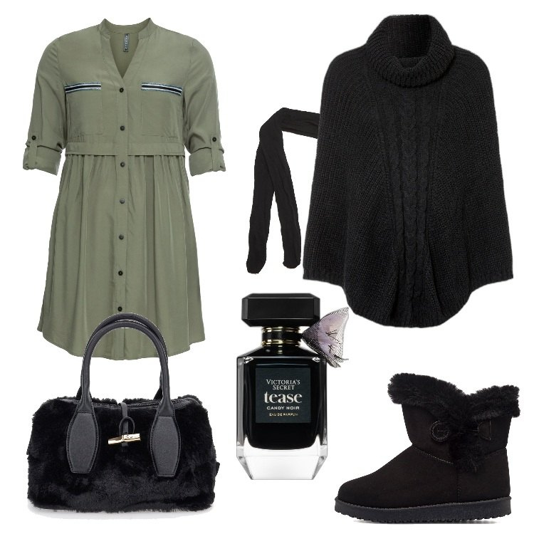 Outfit donna - Total look #1718031. Stile Urban per Ufficio. Abbinamento con vestiti chemisier, cappotti, profumi, collant, stivaletti, borse a mano.