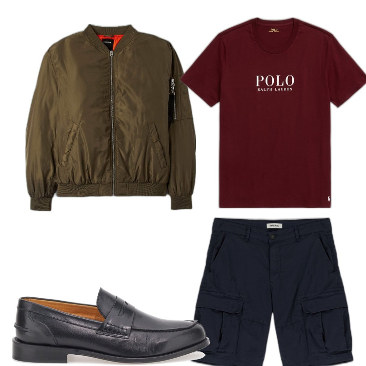Outfit uomo - Total look #1718043. Stile Casual per Tutti i giorni. Abbinamento con bomber, bermuda, t-shirt, scarpe stringate.