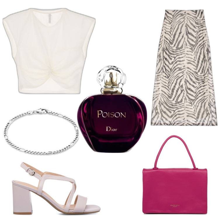 Outfit donna - Evento tra colleghi. Stile Casual chic per Serata fuori. Abbinamento con profumi, gonne longuette, canottiere, sandali in pelle, borse a mano, braccialetti.