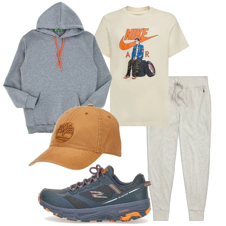 Outfit uomo - Una passeggiata al parco. Stile Casual per Sport. Abbinamento con pantaloni, scarpe sportive, t-shirt, felpe, cappelli con visiera.