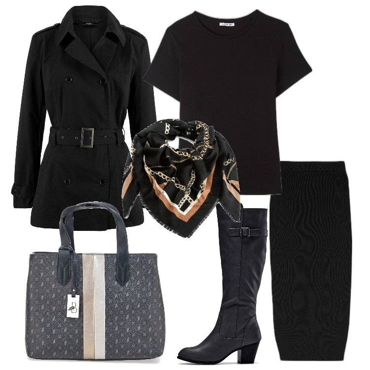 Outfit donna - Casual chic in black. Stile Casual chic per Tutti i giorni. Abbinamento con stivali, trench, foulard, t-shirt, gonne longuette, borse a mano.