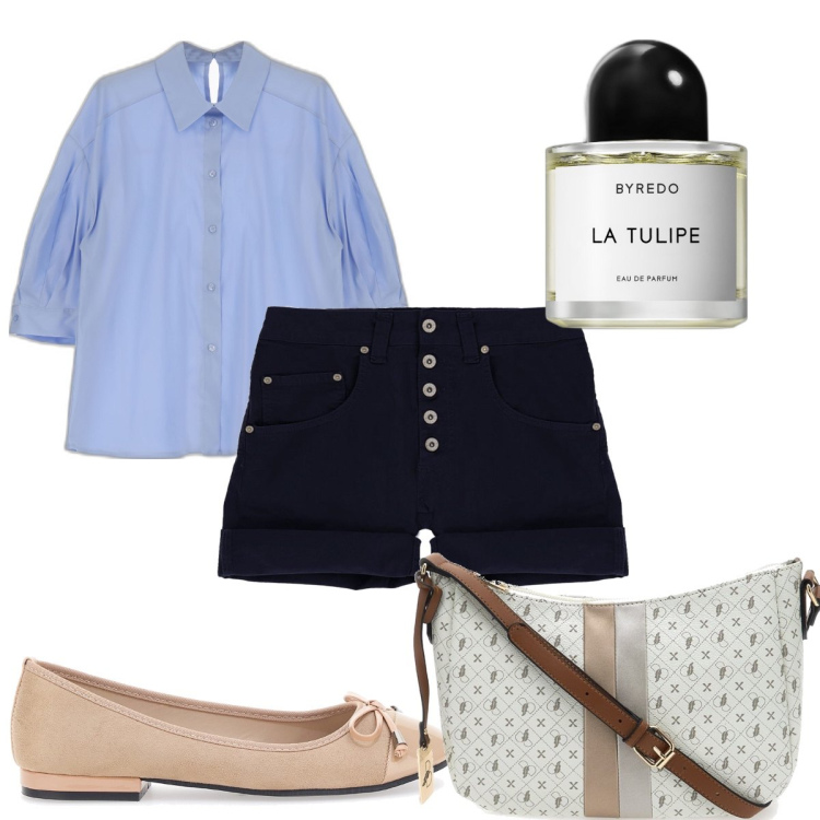 Outfit donna - Total look #1718140. Stile Trendy per Tutti i giorni. Abbinamento con profumi, shorts, camicie, borse a tracolla, ballerine.