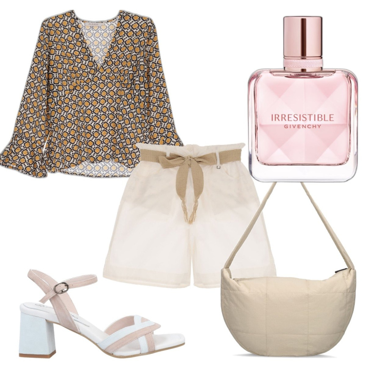 Outfit donna - Total look #1718141. Stile Trendy per Tutti i giorni. Abbinamento con sandali in pelle, profumi, bermuda, camicie, borse a cartella.