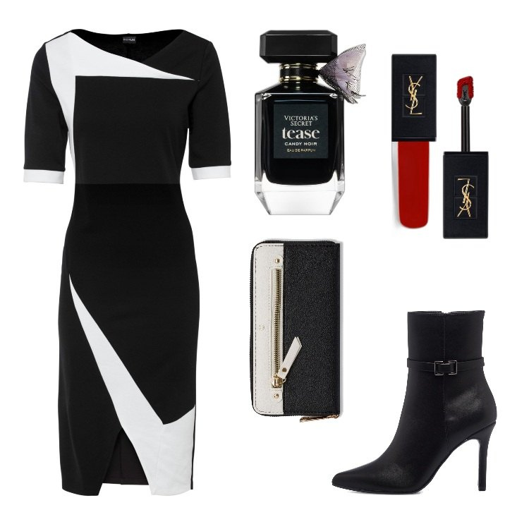 Outfit donna - Total look #1718163. Stile Chic per Ufficio. Abbinamento con vestiti a tubino, profumi, rossetti, stivaletti, portafogli.