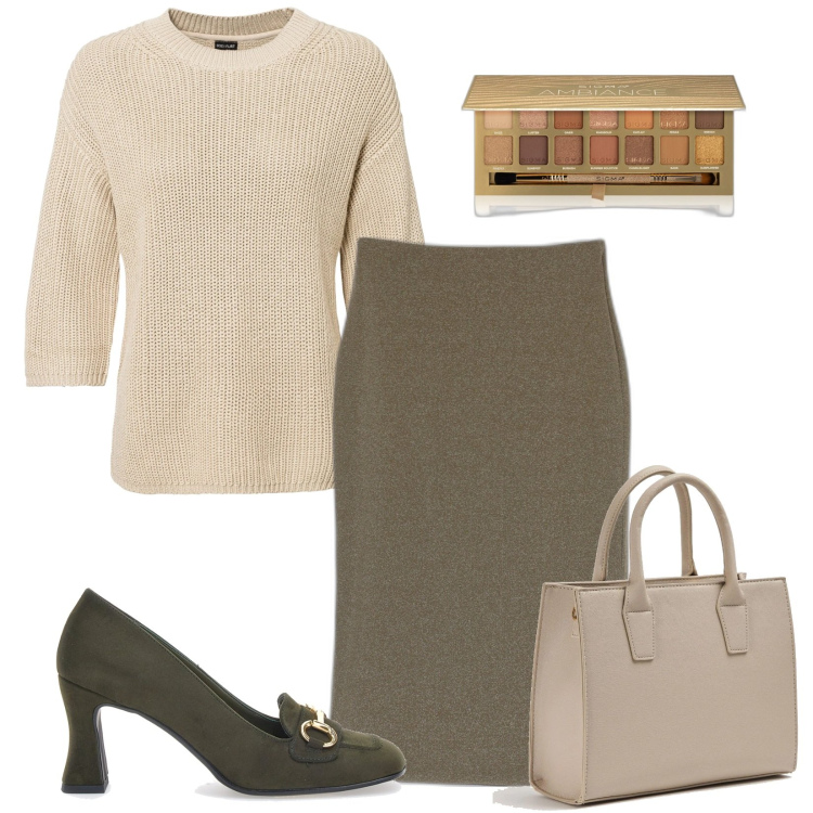Outfit donna - Tutto in maglia. Stile Bon Ton per Ufficio. Abbinamento con maglieria, ombretti, shopping bag, gonne longuette, décolleté.