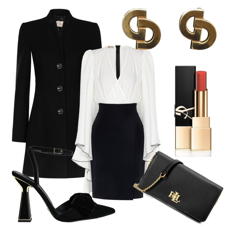Outfit donna - Anniversario. Stile Chic per Serata fuori. Abbinamento con rossetti, décolleté, orecchini, vestiti a tubino, cappotti, borse a tracolla.
