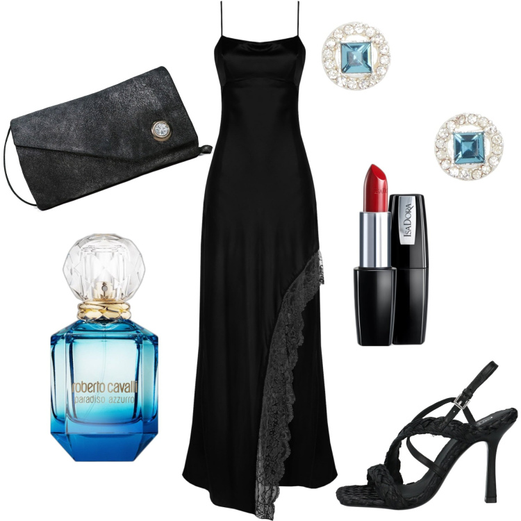 Outfit donna - Vestito nero. Stile Chic per Serata fuori. Abbinamento con borse a spalla, sandali in pelle, profumi, rossetti, orecchini, vestiti asimmetrici.