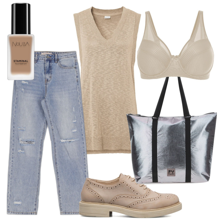 Outfit donna - Autunno basic. Stile Basic per Tutti i giorni. Abbinamento con reggiseni, maglieria, fondotinta, jeans dritti, borse tote, scarpe stringate.