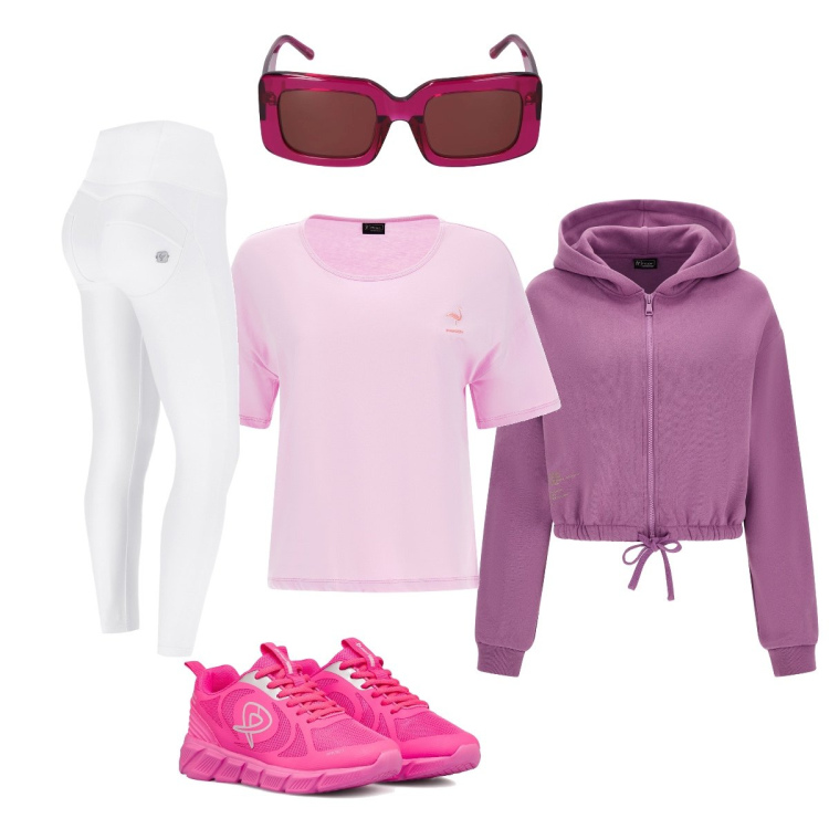 Outfit donna - Total look #1718267. Stile Sporty chic per Sport. Abbinamento con pantaloni skinny, t-shirt, felpe con cappuccio, scarpe sportive, occhiali da sole.