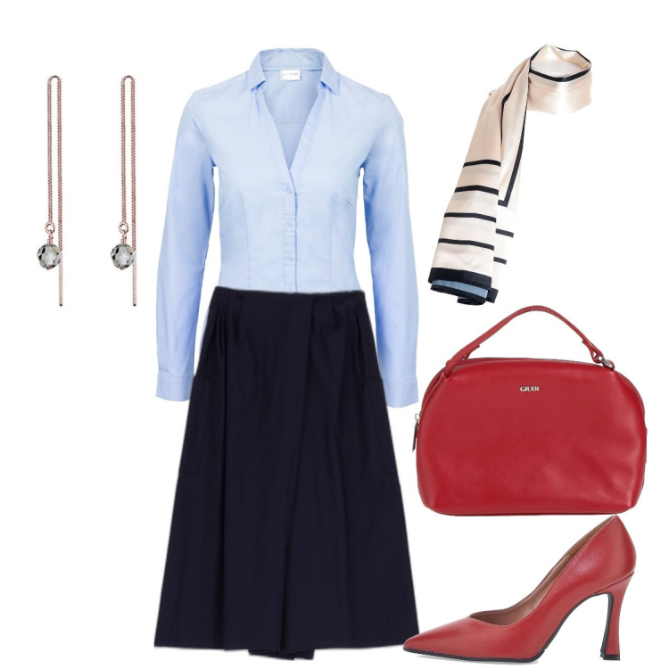 Outfit donna - Look elegante. Stile Chic per Tutti i giorni. Abbinamento con camicie, borse a mano, foulard, gonne longuette, décolleté, orecchini.