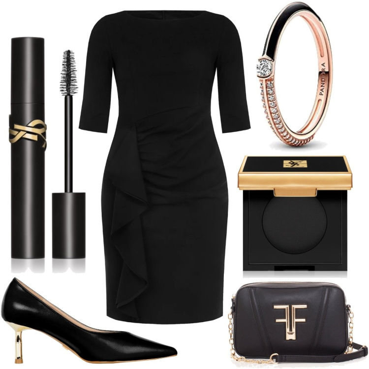 Outfit donna - Il Tubino Perfetto. Stile Chic per Serata fuori. Abbinamento con mascara, ombretti, vestiti midi/longuette, décolleté, pochette, anelli.