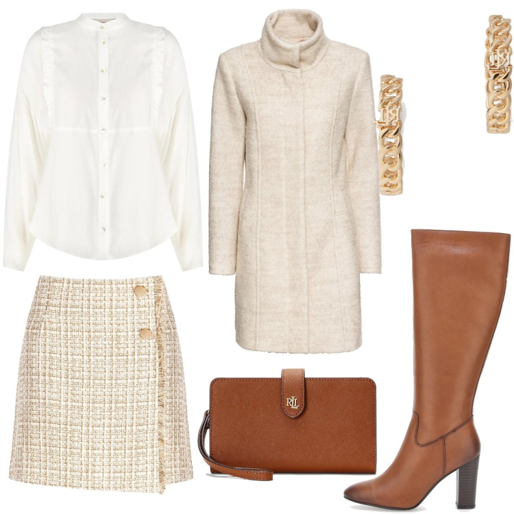 Outfit donna - Primi freddi. Stile Bon Ton per Serata fuori. Abbinamento con cappotti, gonne, camicie, pochette, orecchini, stivali.