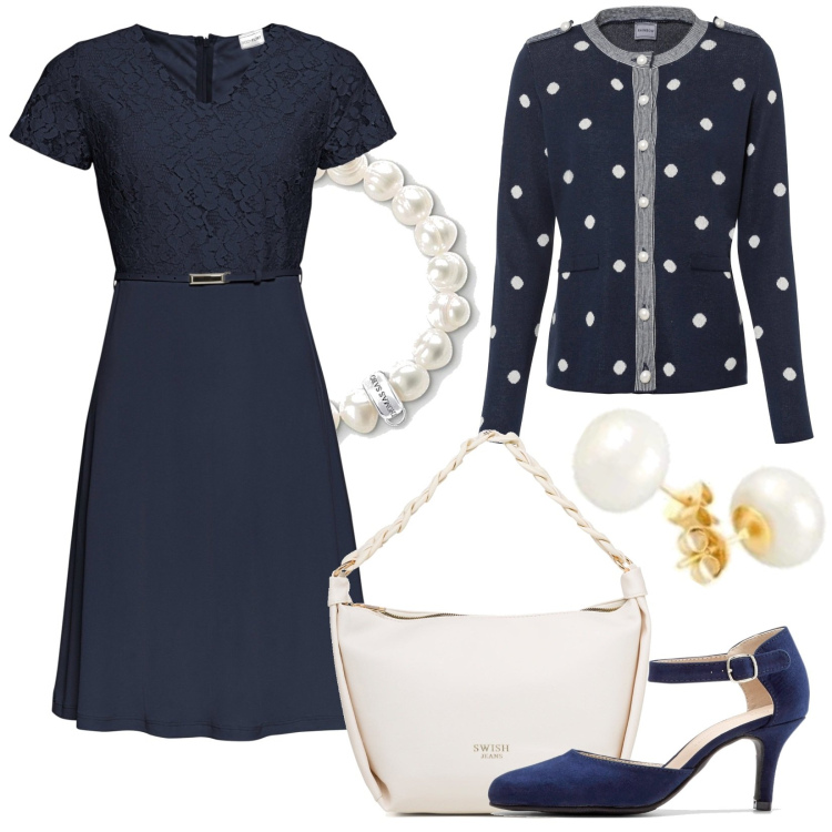 Outfit donna - L\'abito blu ed cardigan a pois. Stile Bon Ton per Serata fuori. Abbinamento con vestiti corti, cardigans, décolleté, borse a mano, braccialetti, orecchini.