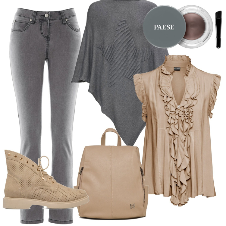 Outfit donna - Poncho e anfibi. Stile Casual per Tutti i giorni. Abbinamento con jeans slim fit, maglieria, cappotti, mascara, stivaletti, zaini.