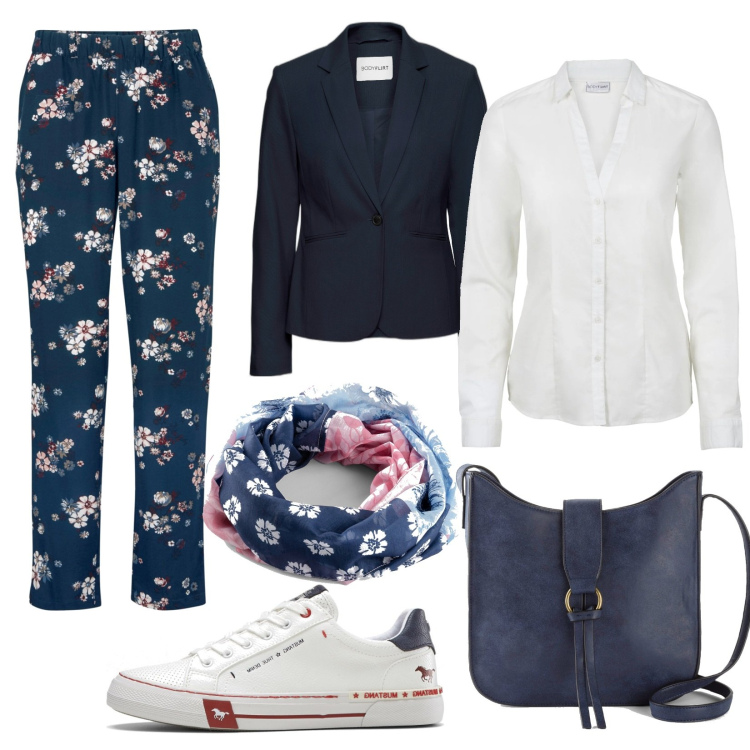 Outfit donna - Utility chic fall. Stile Casual per Tutti i giorni. Abbinamento con pantaloni, camicie, blazer, sneakers, foulard, borse a tracolla.