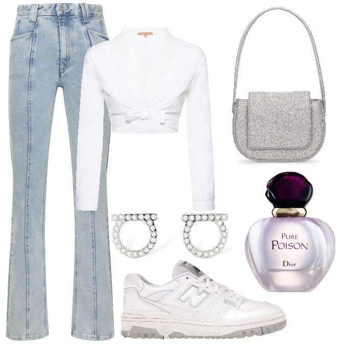Outfit donna - Total look #1718368. Stile Casual chic per Tutti i giorni. Abbinamento con sneakers, profumi, orecchini, borse a mano, pantaloni, top.