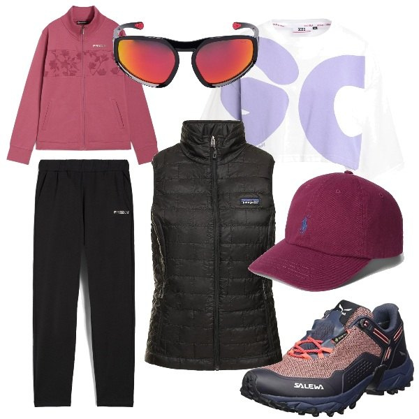 Outfit donna - Passeggiata nel bosco. Stile Sporty chic per Sport. Abbinamento con t-shirt, tute, cappelli, scarpe sportive, piumini, occhiali da sole.