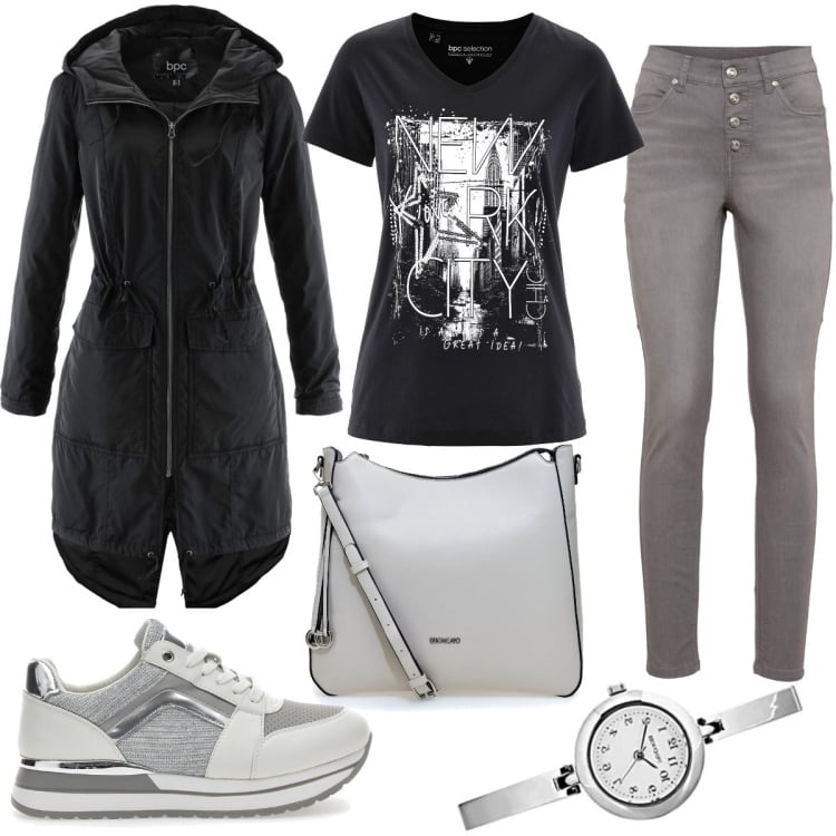 Outfit donna - Tempo libero. Stile Basic per Tutti i giorni. Abbinamento con blazer, jeans, t-shirt, sneakers, borse a tracolla, orologi analogici.