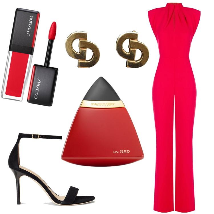 Outfit donna - Appuntamento al buio. Stile Trendy per Serata fuori. Abbinamento con orecchini, profumi, rossetti, tute, sandali col tacco.
