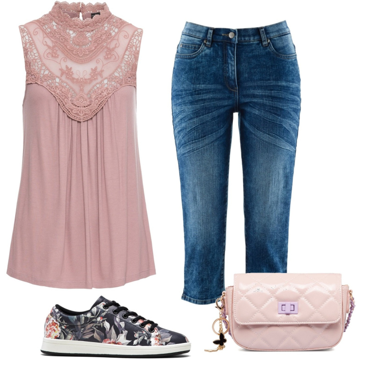 Outfit donna - Look delicato in rosa. Stile Sporty chic per Scuola/Università. Abbinamento con top, jeans dritti, sneakers, borse a tracolla.