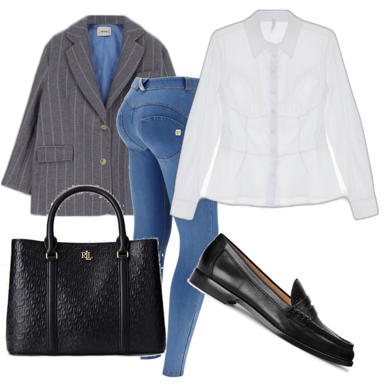 Outfit donna - Formale in jeans. Stile Urban per Ufficio. Abbinamento con camicie, pantaloni skinny, giacche, mocassini, borse a mano.