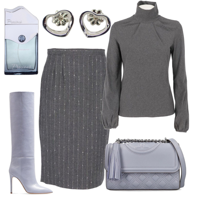 Outfit donna - Chic sui tacchi. Stile Chic per Ufficio. Abbinamento con maglieria, gonne longuette, orecchini, profumi, borse a spalla, stivali.