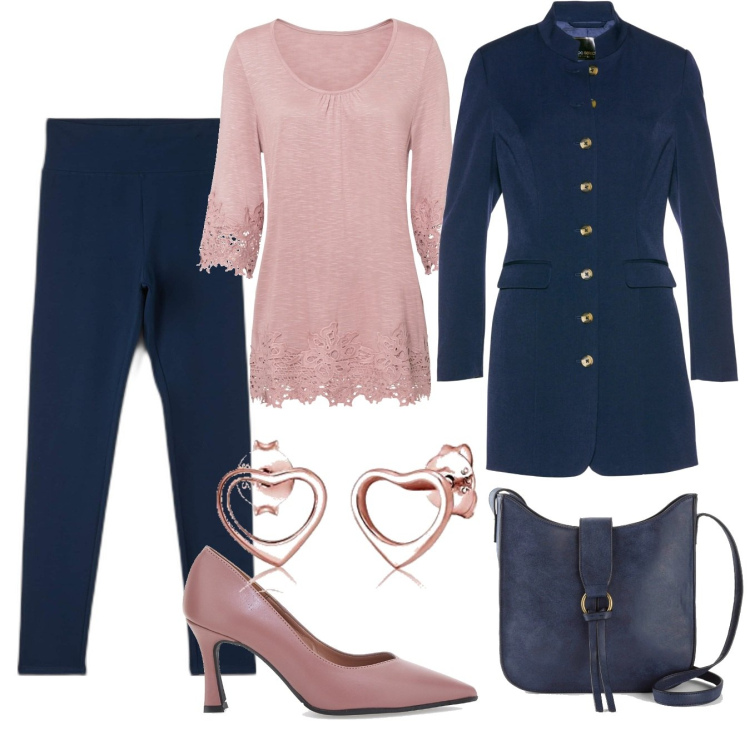 Outfit donna - Giacca con i bottoni dorati. Stile Casual chic per Ufficio. Abbinamento con maglieria, blazer, borse a tracolla, leggings, décolleté, orecchini.