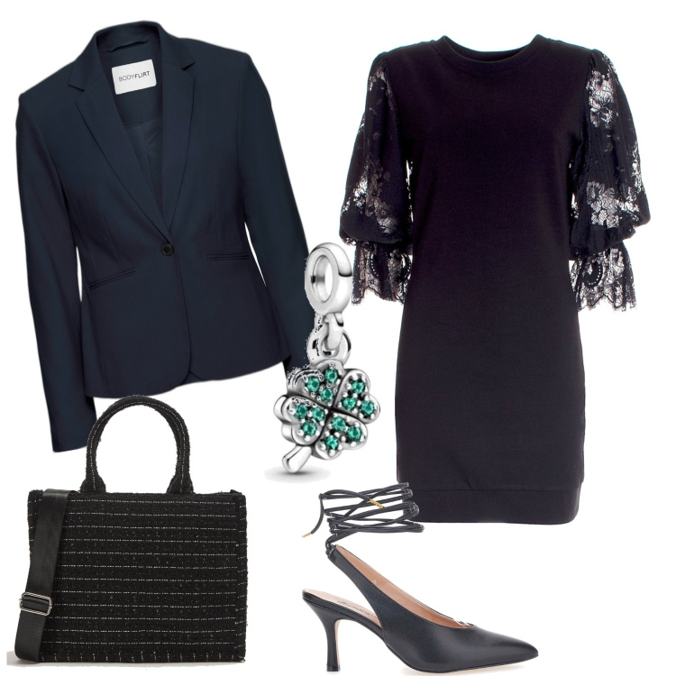 Outfit donna - L\'abito nero. Stile Chic per Serata fuori. Abbinamento con blazer, shopping bag, vestiti, décolleté, ciondoli.