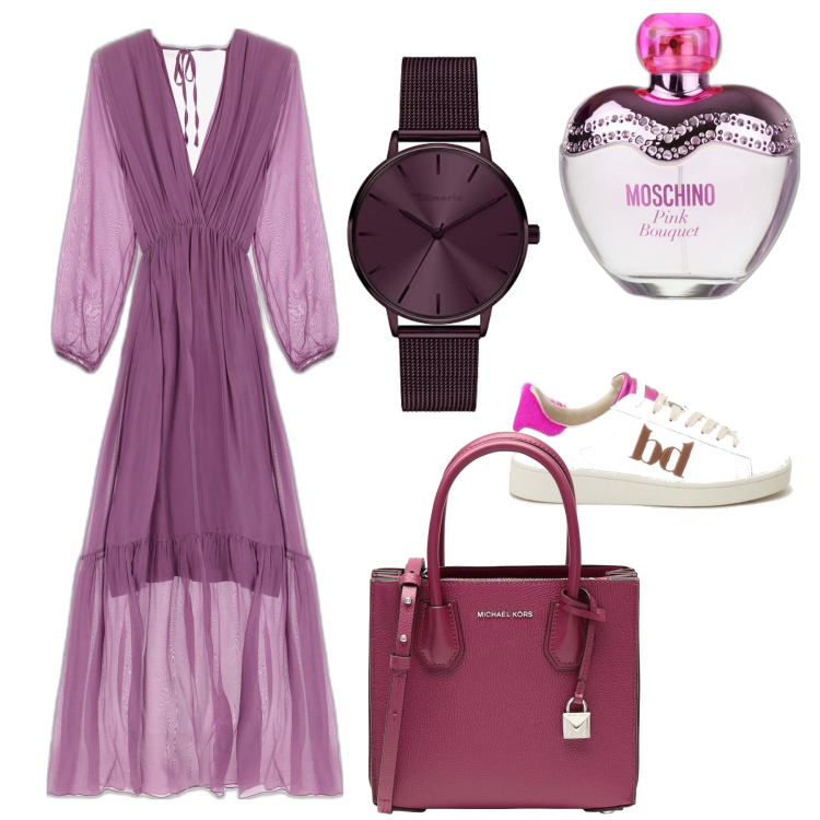 Outfit donna - Tempo di vendemmia. Stile Casual chic per Tutti i giorni. Abbinamento con borse a mano, profumi, sneakers, vestiti lunghi, orologi.