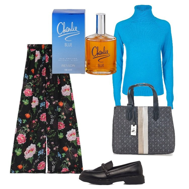 Outfit donna - Blu Energico. Stile Urban per Ufficio. Abbinamento con profumi, maglieria, pantaloni a palazzo, mocassini, borse a mano.