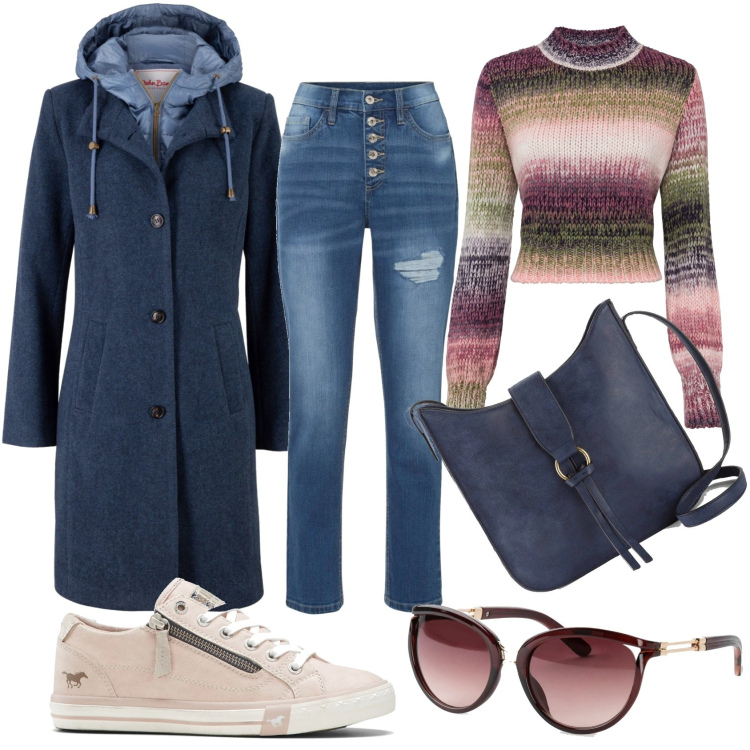 Outfit donna - Università. Stile Casual per Tutti i giorni. Abbinamento con cappotti, occhiali da sole, maglieria, jeans boyfriend, sneakers, borse a tracolla.