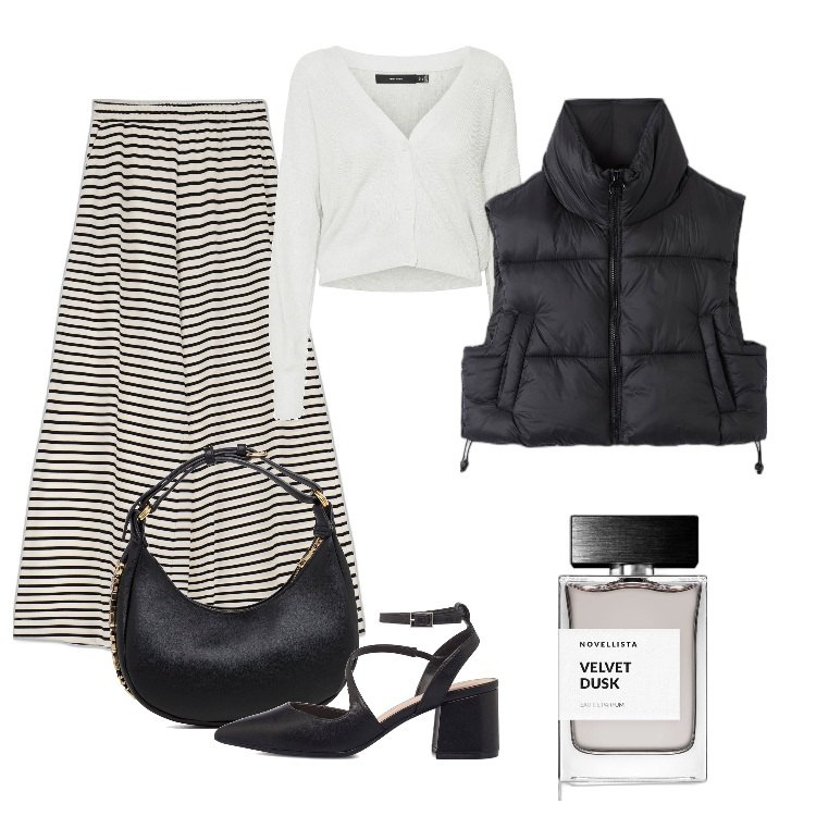 Outfit donna - Total look #1718523. Stile Urban per Ufficio. Abbinamento con profumi, piumini, pantaloni a palazzo, cardigans, décolleté, borse a mano.