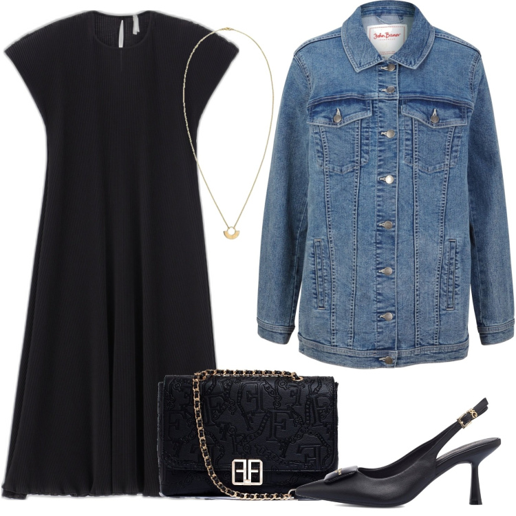 Outfit donna - Giacca di jeans la sera. Stile Casual chic per Serata fuori. Abbinamento con blazer, clutch, vestiti midi/longuette, décolleté, ciondoli.