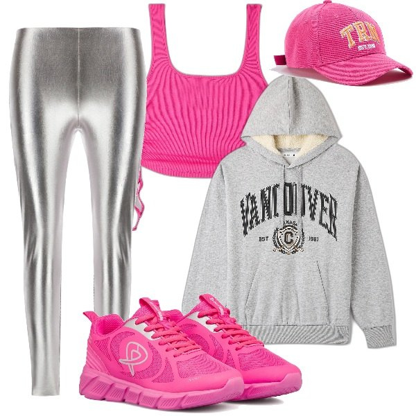 Outfit donna - PittaRosso pink together. Stile Sporty chic per Sport. Abbinamento con canottiere, felpe con cappuccio, cappelli, pantaloni, scarpe sportive.