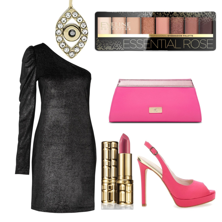Outfit donna - Saturday night. Stile Sexy per Serata fuori. Abbinamento con vestiti asimmetrici, ombretti, rossetti, clutch, ciondoli, décolleté.