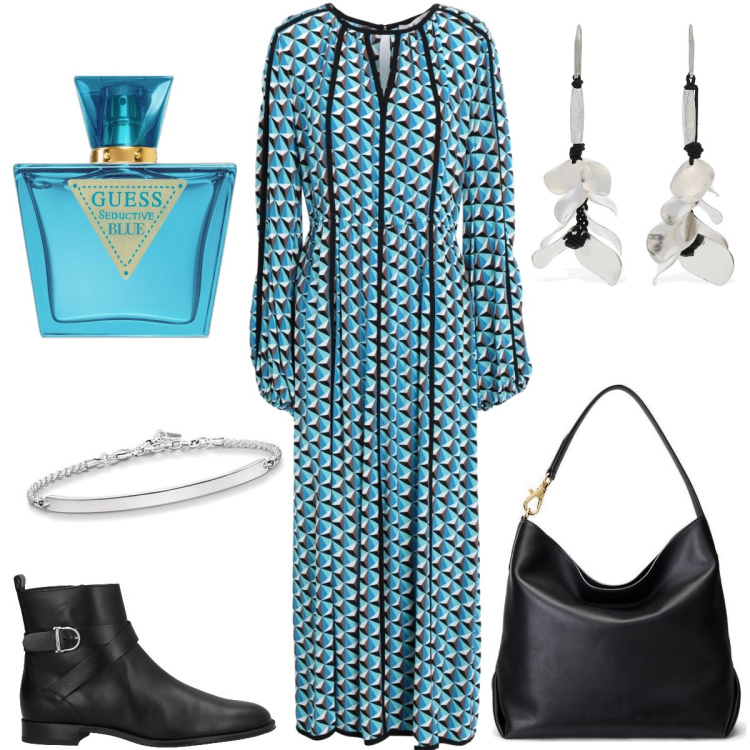 Outfit donna - Turchese come il mare. Stile Boho per Tutti i giorni. Abbinamento con vestiti lunghi, stivaletti, profumi, borse a spalla, braccialetti, orecchini.